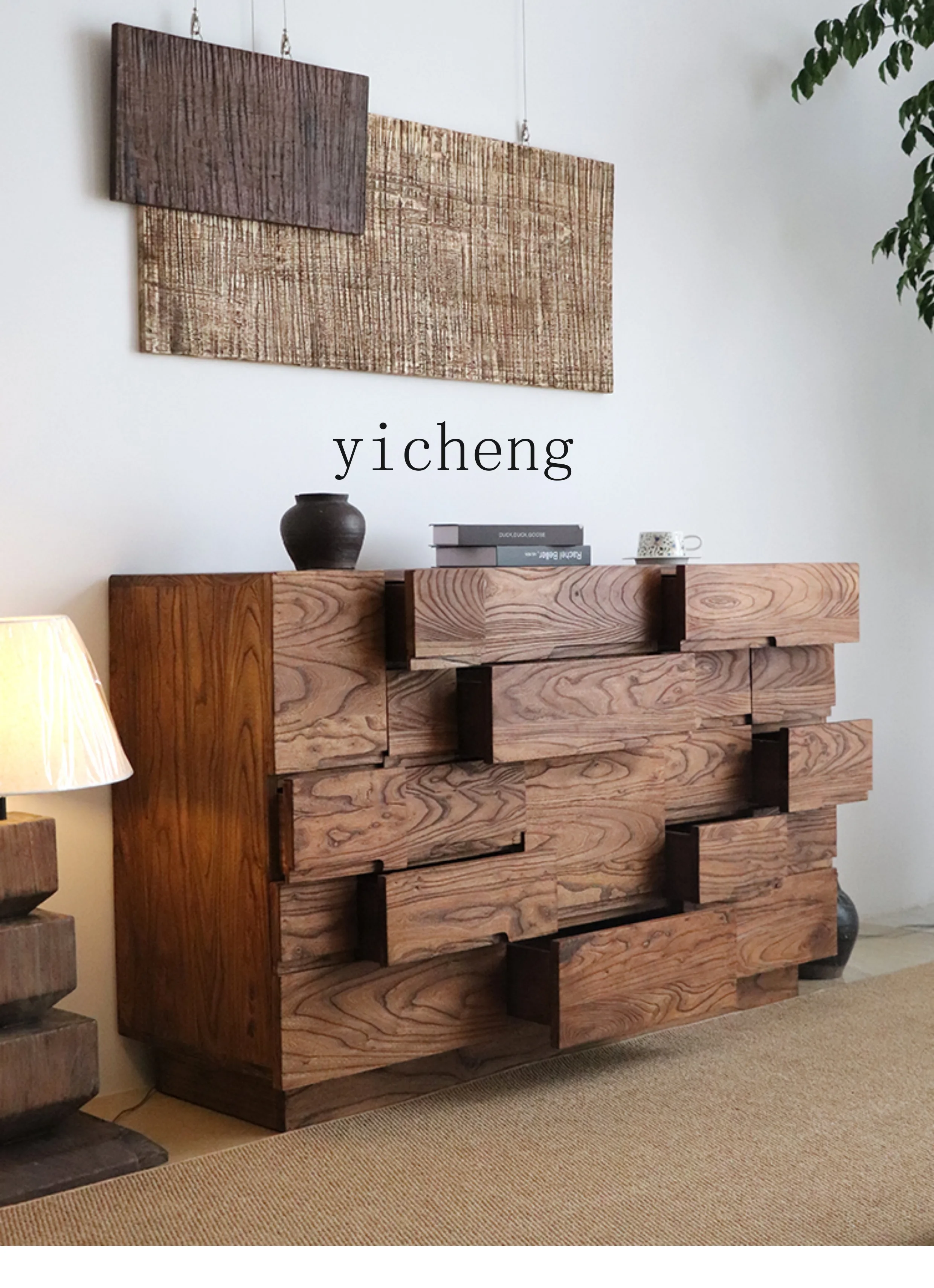 ZK medieval  wood bucket cabinet wabi-sabi wind living room dining side drawer cabinet French retro homestay decorative cabinet