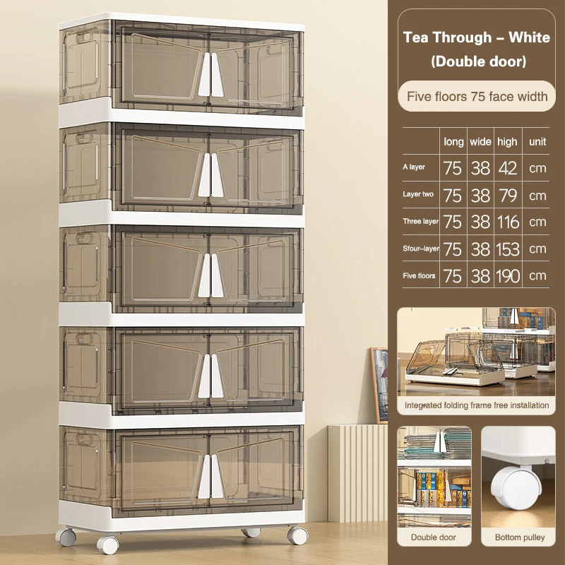 Double Door Folding Storage Box Large Capacity Transparent Clothing Storage Cabinets Snack Organize Lockers Bins With Lid Wheels