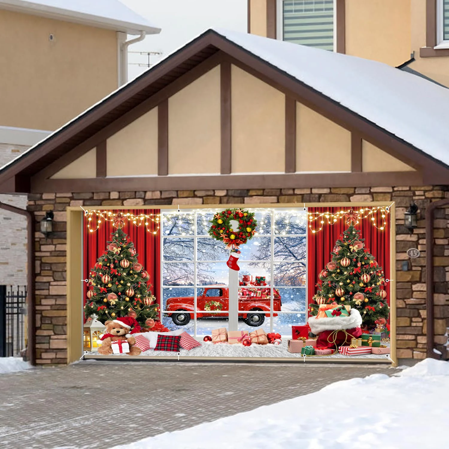 

Christmas Window Garage Wall Background Winter Snow Red Truck Curtain Christmas Tree Garage Door Frame For Home Courtyard Decor