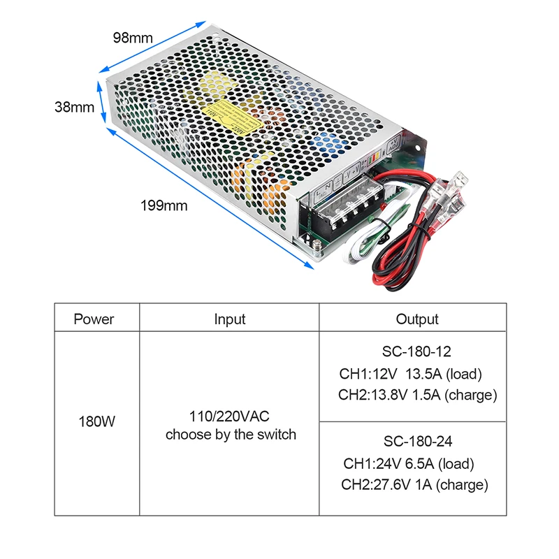 ZJIVNV 180W Switching Power Supply with UPS Function Lead-acid Battery Charge Equipment Power Supply Demand SC-180-12 SC-180-24