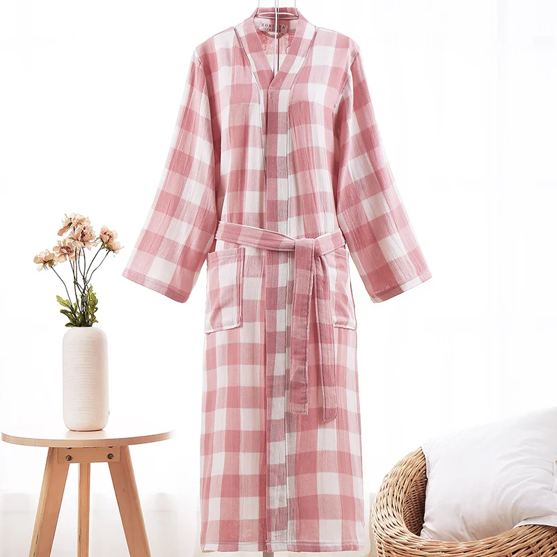 Spring / Summer Pure Cotton Double Layer Gauze Bathrobe Thin Dyed Fabric Home Clothing Couples Japanese Style Kimono Robe Pajama