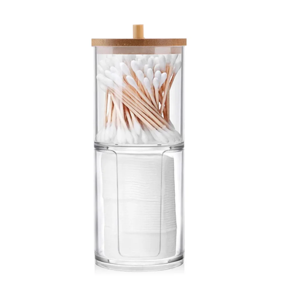 Acryl Opbergdoos Badkamer Pot Make-Up Organizer Katoen Ronde Pad Houder Wattenstaafje Doos Qtip Houder Dispenser Met Bamboe Deksel