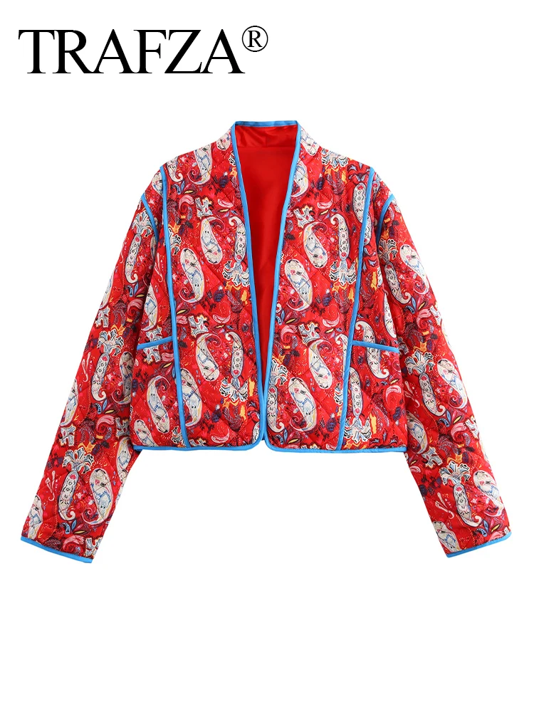 TRAFZA Women Winter New Fashion Retro V-Neck Red Printed Long Sleeve Cotton Jacket Female Elegant High Street Warm Short Jacket