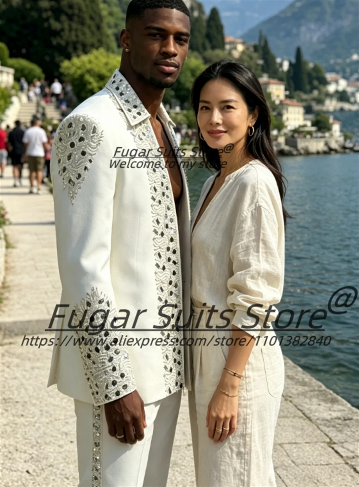 Gorgeous Silver Sequins Embroidered Collar Men Suits Customized Slim Fit Formal Prom 2 Pcs Sets Male Elegant Blazers Ropa Hombre