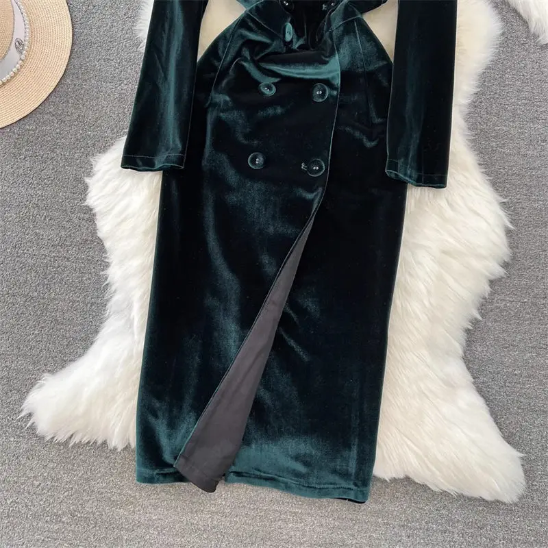 Autumn And Winter Blazer High-End Light Luxury Temperament Long Sleeve Suit Collar Slim A-Line Velvet Trench Coat Dress Z833