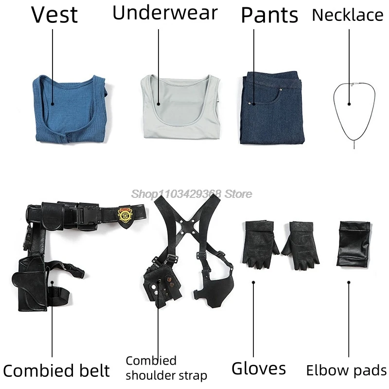 Costume de Cosplay Jill Leon RE 3 pour Femme, Haut et Pantalon Imbibés, Sac à Bretelles, Accessoires de Jeu, Tenue de Carnaval d'Halloween