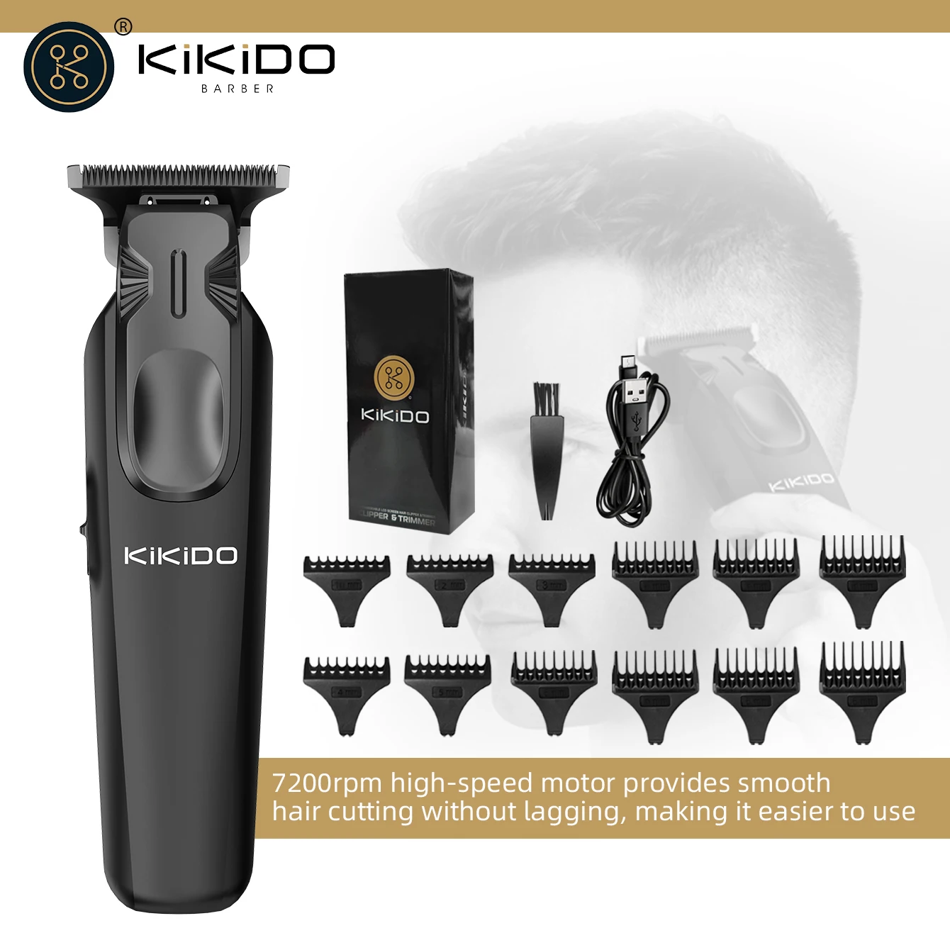 KIKIDO Professional Barber Pusher Electric Cordless Hair Trimmer For Men Low Noise High Speed 7200rpm USB Fast Charging Home Use