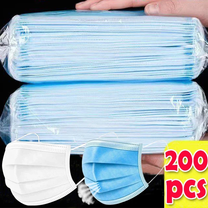 Máscara facial descartável pm001, 3 camadas, não-tecido, respirável, rosa, azul, preto, branco, moda, 200 ou 50pcs