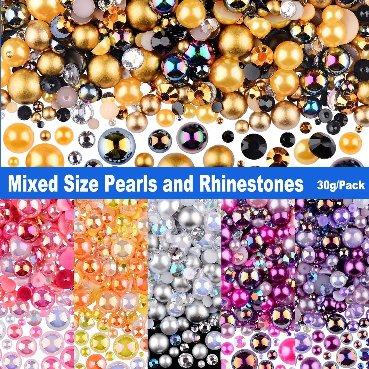 1100Pcs Flat Back Pearls And Rhinestones, 30g Mixed Size 3mm-10mm Ab Color Resin Rhinestones Semi-Circular Pearl