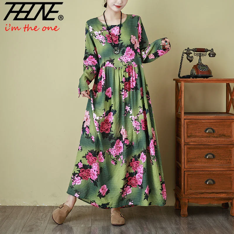 THHONE فساتين الربيع للنساء رداء طباعة عطلة الشاطئ فضفاضة س الرقبة خمر كم طويل فستان كاجوال الملابس Vestido Feminino