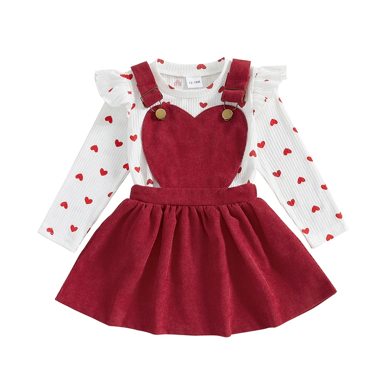 Pudcoco Infant Baby Girl Fall Outfit, Heart Print Ruffle Long Sleeve Romper Suspender Skirt 2 Piece Set 6M-4T