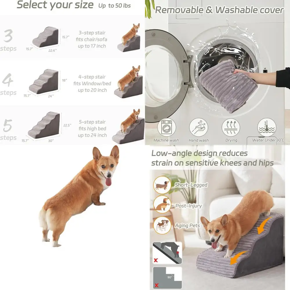 

5-Step Pet Stairs with High Density Foam, Non-Slip and Washable Cover, Ideal for Small Dogs & Cats, Grey