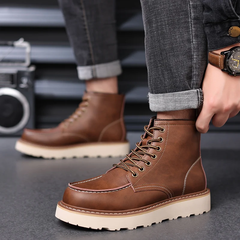 New Autumn Winter Handmade Vintage Men Shoes Real Leather British Tooling Ankle Boots Round Toe Lace-up Outdoor Motorcycle Boots