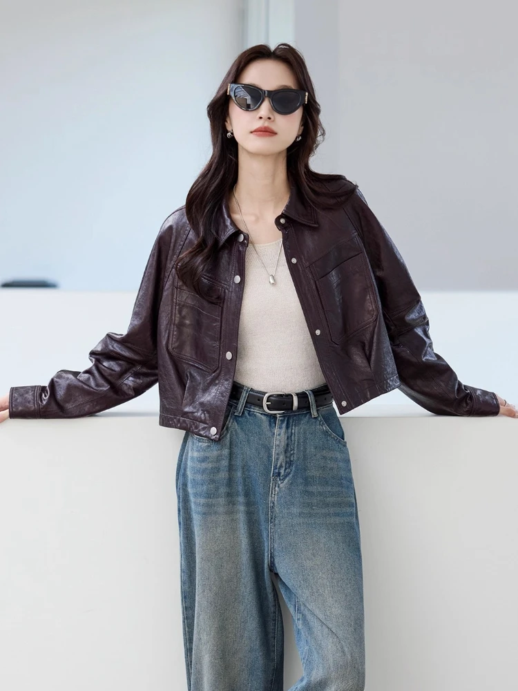 سترات كاجوال قصيرة من الجلد الطبيعي للدراجات النارية للنساء لربيع الخريف معطف من جلد الغنم الحقيقي البسيط والصلب والزيت