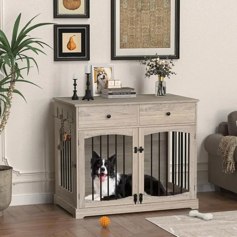 40 Inch Grey Wooden Dog Crate Furniture with Two Doors - End Table and Pet House for Indoor Use