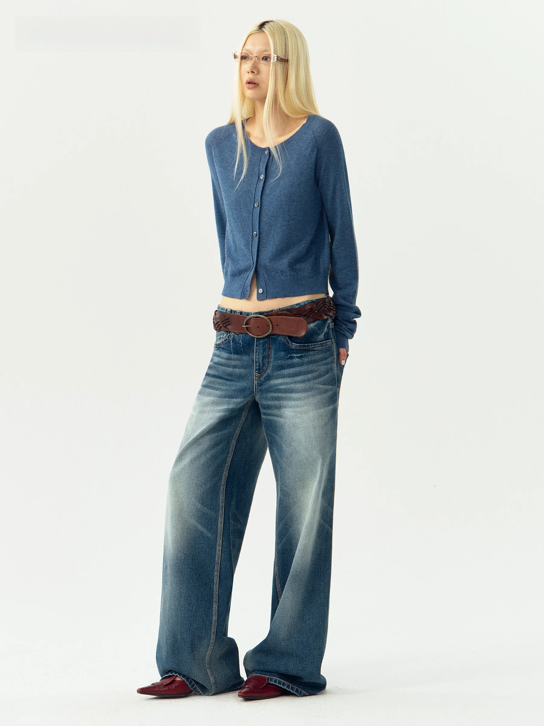 VERMO Vintage Washed Mid-Waist Loose Fit Stylish Jeans Cotton Natural Waist Button Closure Neutral No Stretch Denim Jeans