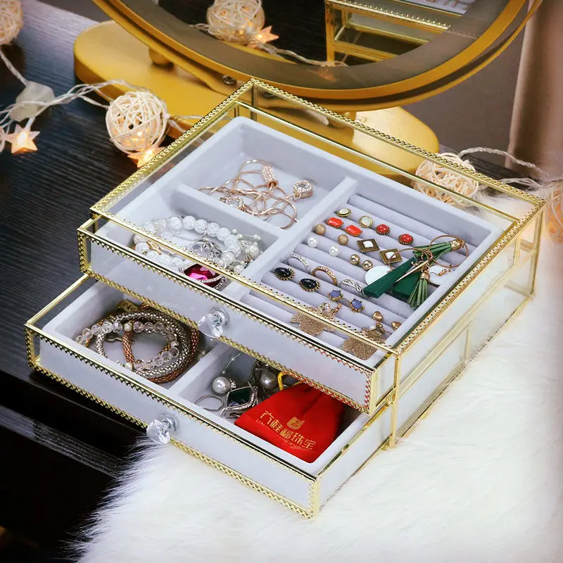 Armoured glass adornment storage box 1-3 layers ring necklace bracelet jewelry organizer bedroom drawer organizer for cosmetics