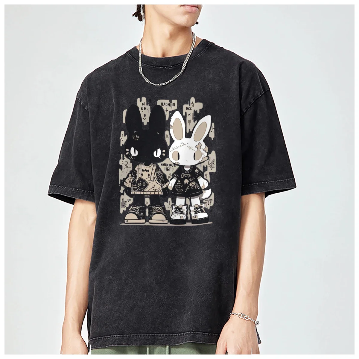 Street thug rabbit Hiphop Couple Cartoon Rabbit Tee Oversized Printed T shirt mens t-shirt Fashion Casual Vintage Washed Cotton