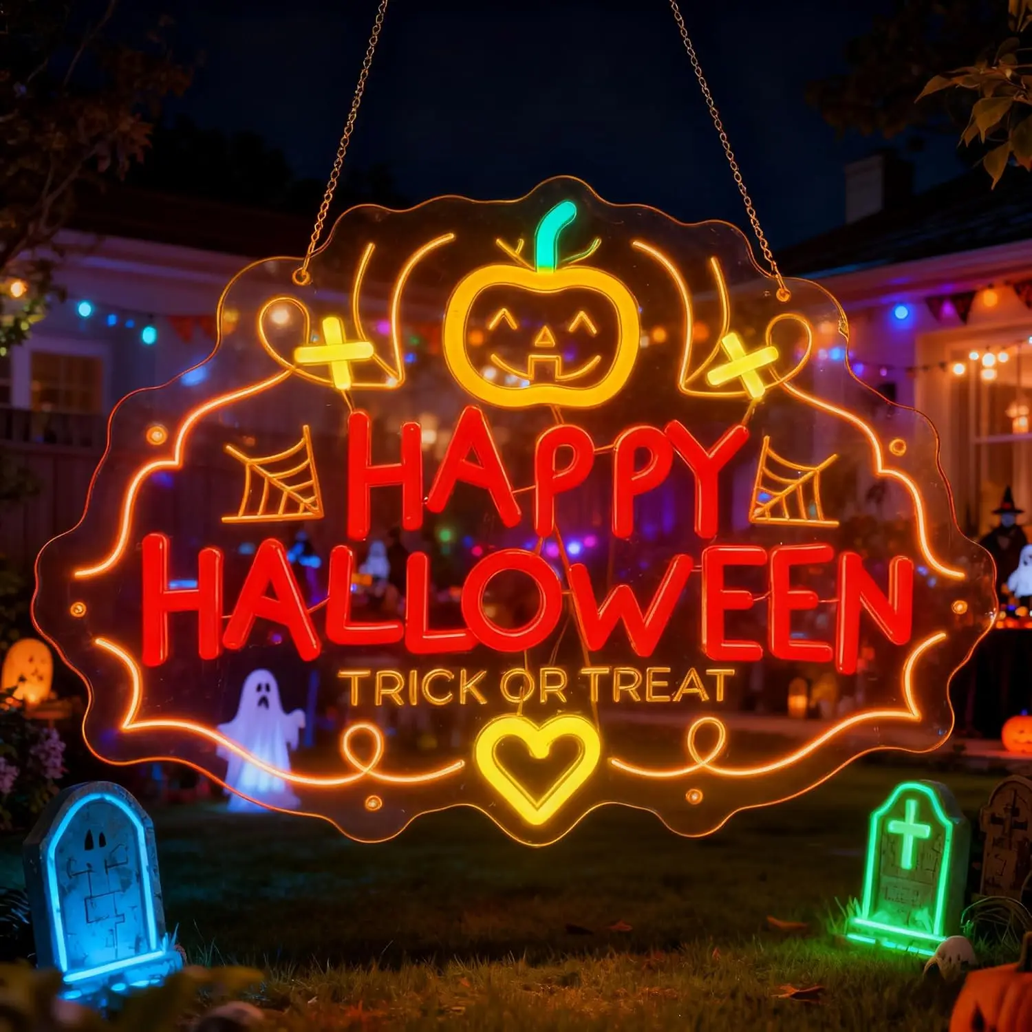 Happy Halloween Trick Or Treat LED Neon Sign USB Powered Neon Light Spooky Pumpkin Spider Home Party Bedroom Wall Decor Gift