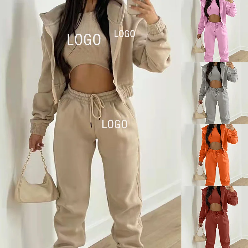 Custom Logo Women\'s Tracksuit Spring Autumn 3 Pieces Set Hooded Sweatshirt and Sweatpants and Vest Casual Female Jogging Suit