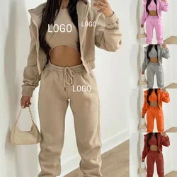 Custom Logo Women's Tracksuit Spring Autumn 3 Pieces Set Hooded Sweatshirt and Sweatpants and Vest Casual Female Jogging Suit