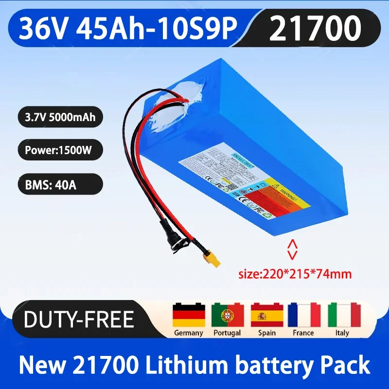 New 36V 45Ah 21700 10S9P lithium battery pack, 1500W high-power with built-in 40A BMS suitable for various energy storage backup