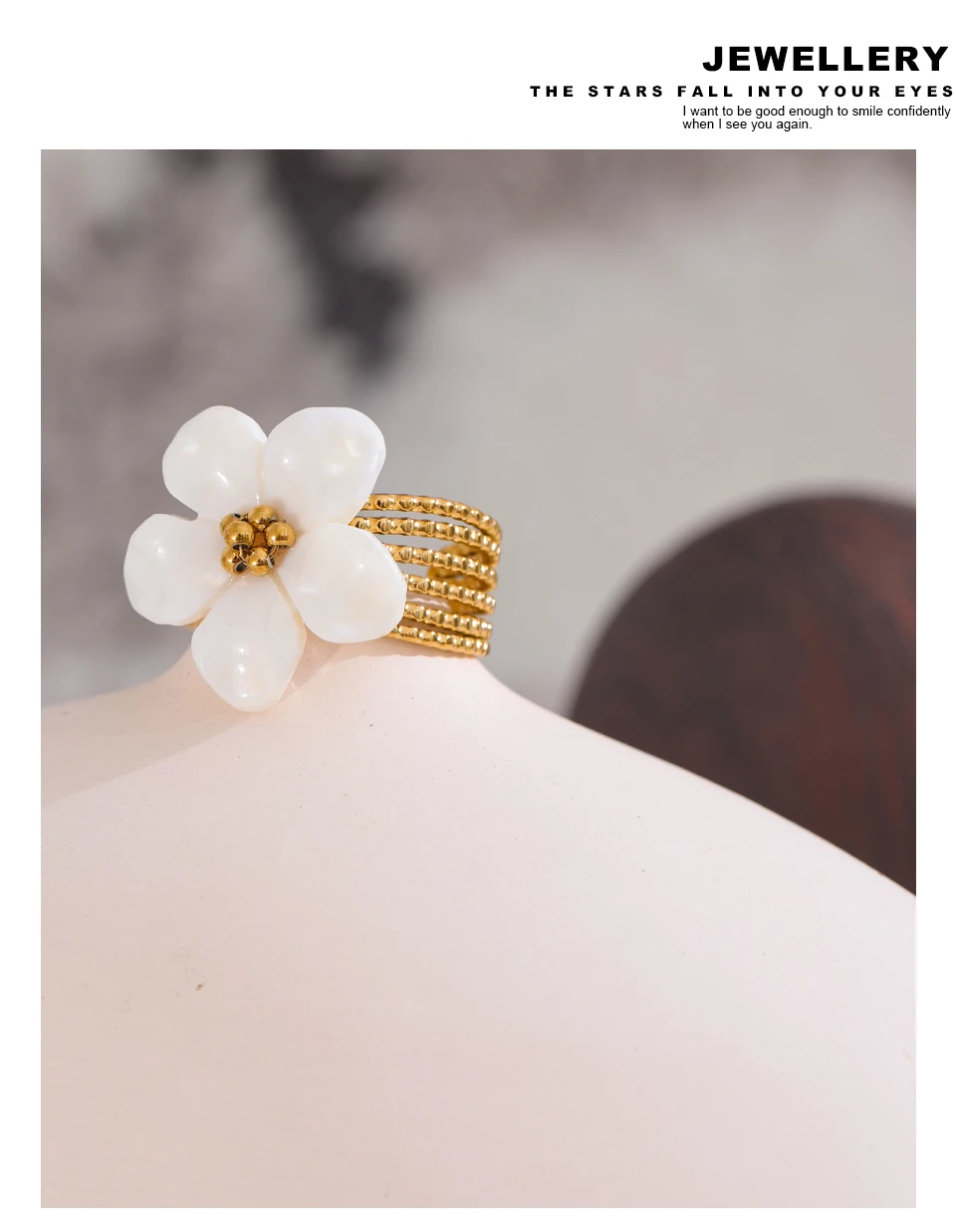 Yhpup Thicker Natural Shell Flower Open Gold Color Ring Fashion Stainless Steel Stylish Exquisite Waterproof Finger Jewelry
