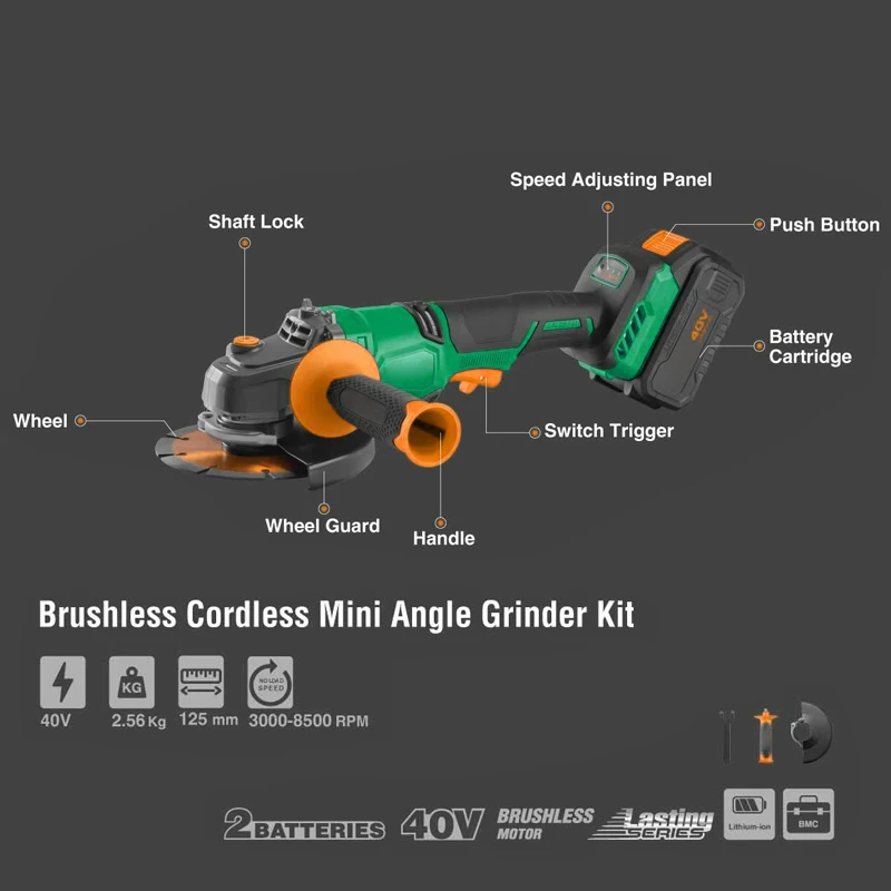 125mm Lithium Cordless 40v Brushless Angle Grinder Li-ion Battery Powered Tool Wood Metal Stone Cutting Grinder