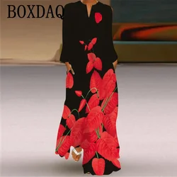 2024 New Autumn Long Dress For Womens Fashion Street Casual Long Sleeve V-neck Floral Print Maxi Dress Robe Spring Ladies Dress