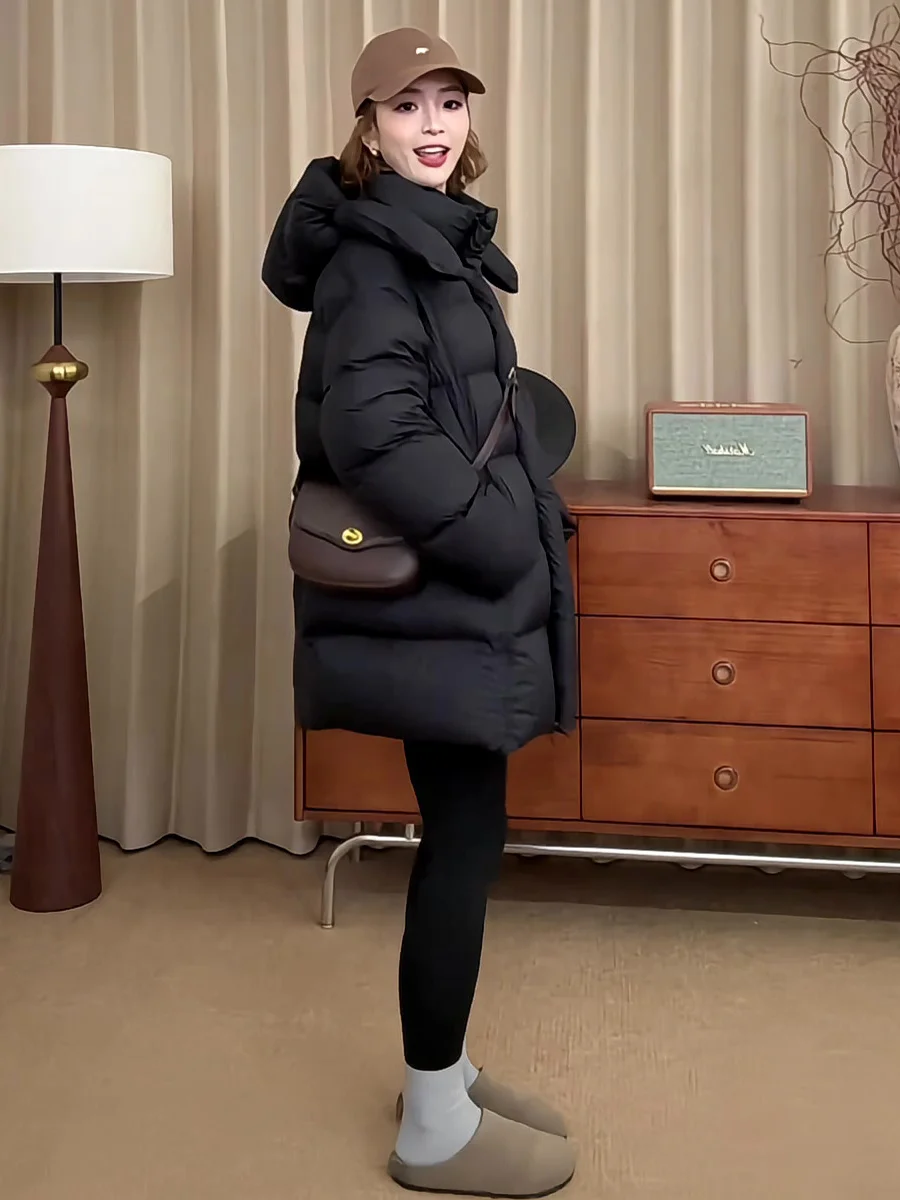 

Casual Sle Women's down Jaet White Du Feather Hooded Mid-Length Warm Bla Outerwear Loose Fit Winter Coat