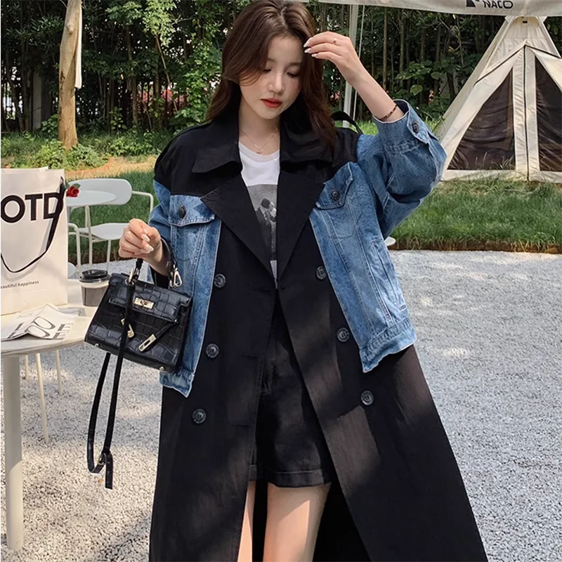 Trench Coat Women 2023 Spring New Large Size Windbreaker Fashion Splicing Denim Long Student Casual Trench Coats Femme Saco