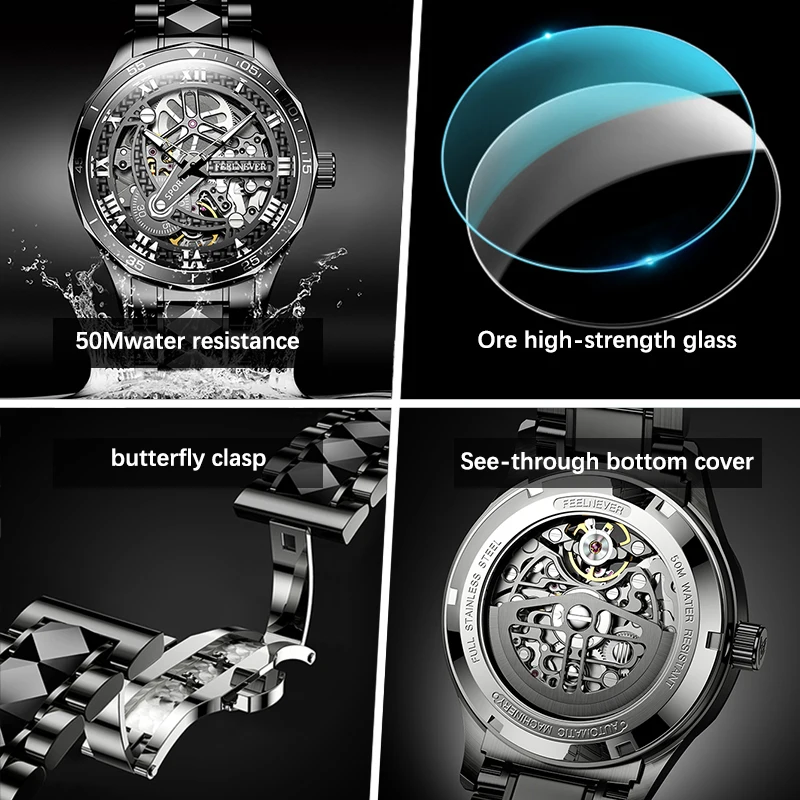 FEELNEVER New Mechanical Watches for Men Creative Skeleton Diver Automatic Men Watch Outdoor Sport Waterproof Sapphire Watch Men view 3