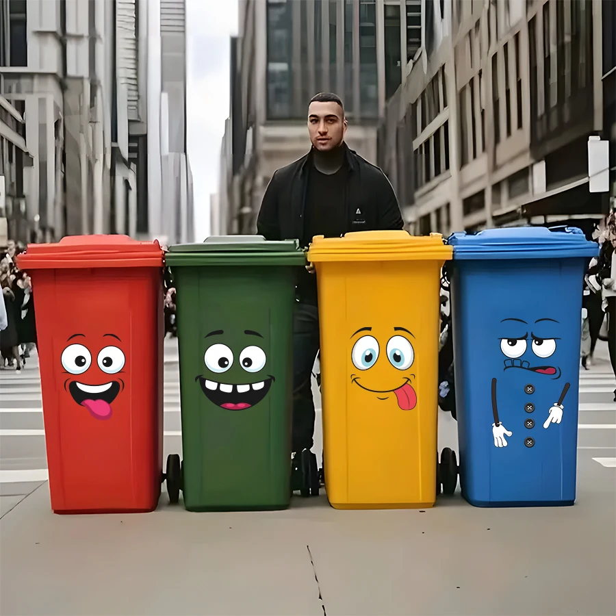 4-teiliges Set mit lustigen Cartoon-Ausdruck-Mülleimer-Aufklebern – abnehmbares Vinyl, wasserdichte Küchendekoration, Heimdekoration, Kunstaufkleber