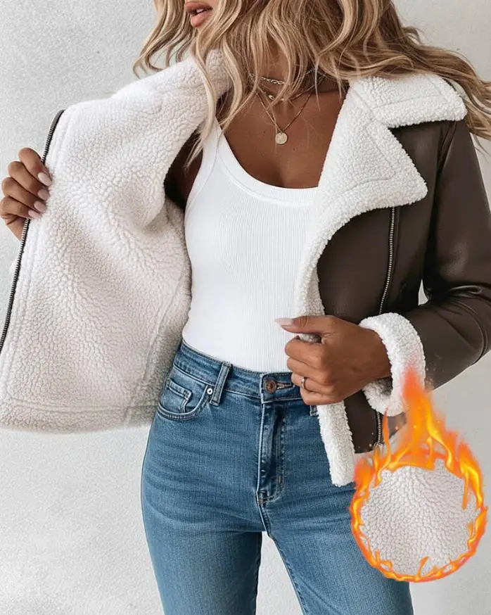

Women's Jacket 2025 Autumn PU Leather Notched Collar Zip Up Vintage Thermal Lined Biker Jacket Faux Shearling Trim Crop Coat