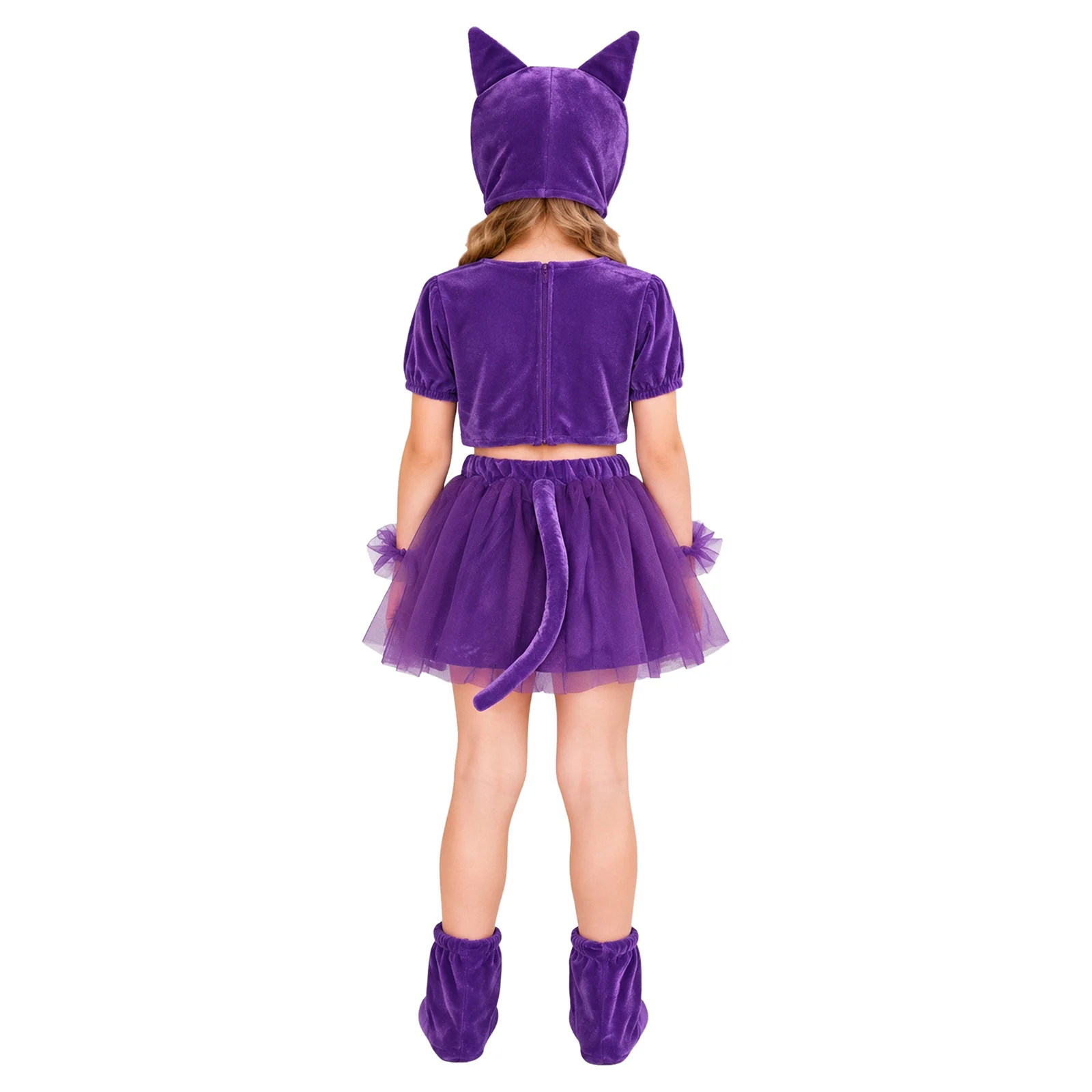 Kids Girls Cat Costume Sequins Crop Tops Tail Layered Tutu Skirt with Hat Wristbands Stage Performance Cosplay Fancy Dress Up