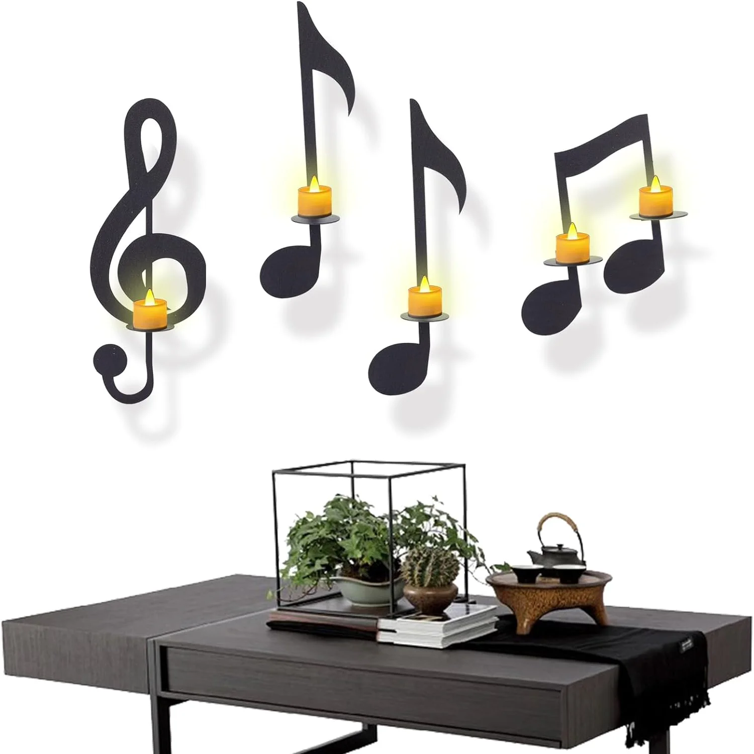 Black Metal Wall Sconce Candle Holder,  Hanging Candle Rack,Music Themed Wall Art for Home Living Room Dining Room Decor