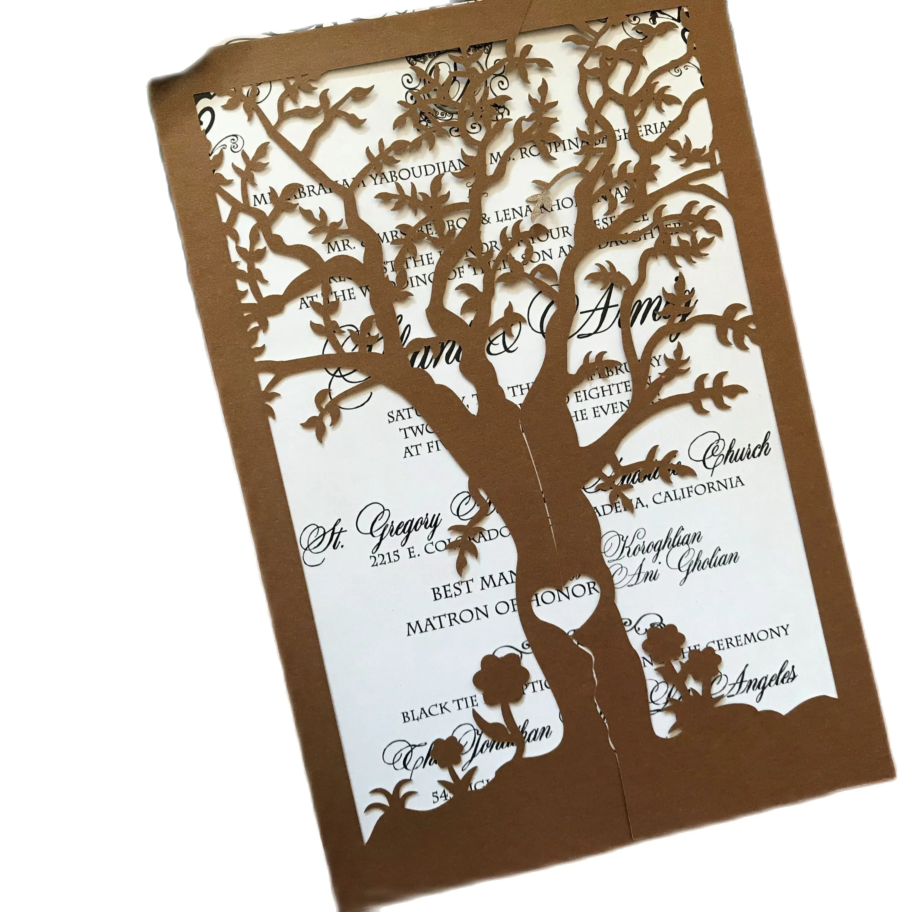 

50pcs Brown Tree Laser Cut Invitation cards,Laser Cut Wedding Invitations,Elegant Invitations cards,Lace pearl paper invitaitons