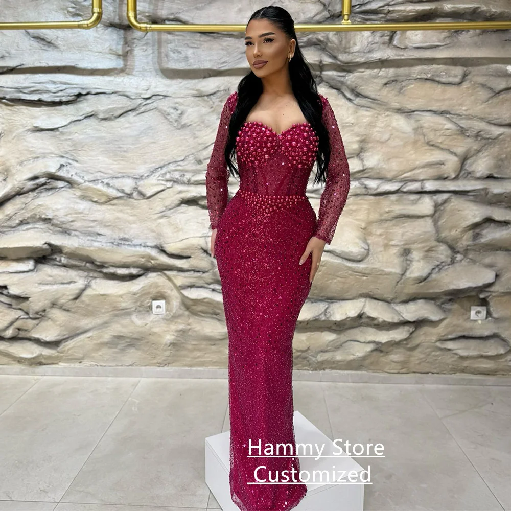 Sparkling Pearls Evening Dress Customized Long Sleeves Sweetheart See Through Floor Length Robe De Soiree Prom Gown Pageant image 3