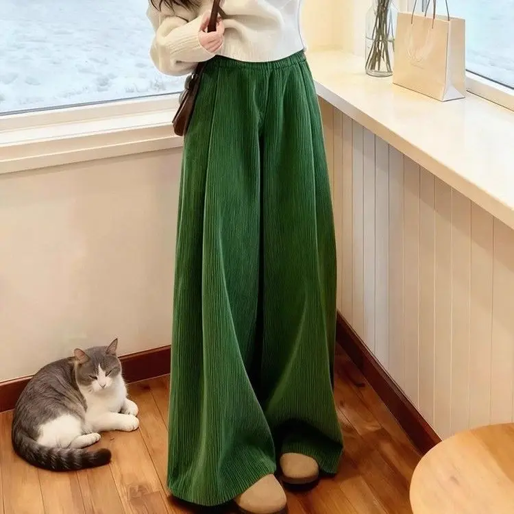 retro lazy loose casual design feeling super good-looking 2025 autumn and winter green corduroy wide-leg pants women's clothing