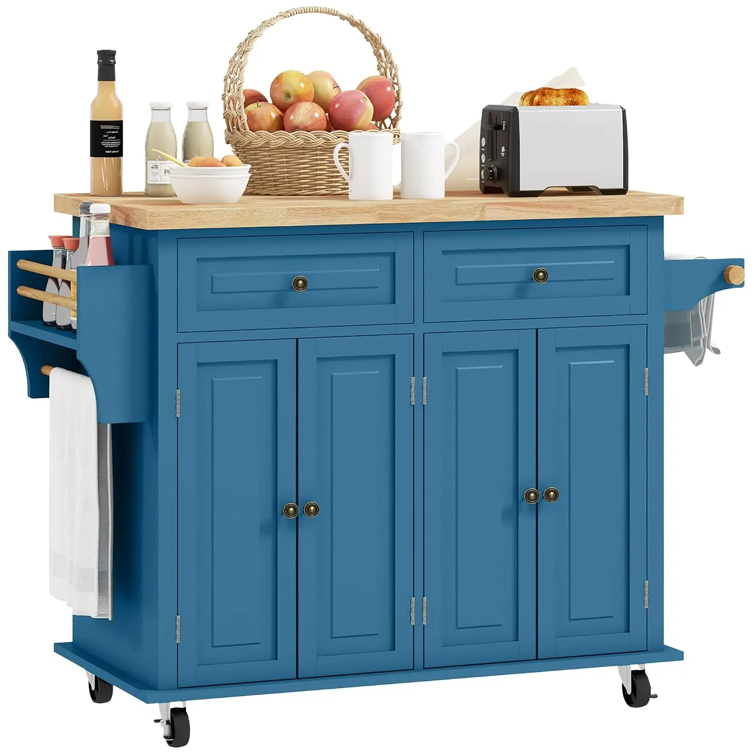 Solid Wood Top Kitchen Cart On Wheels, 44