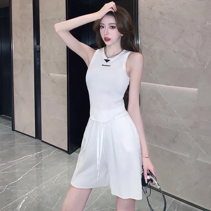 Sling Tank Top and Shorts for Women Casual Camisole Track Shorts Scoop Neck High Stretch Solid Color Summer Suit 2 Pieces Set