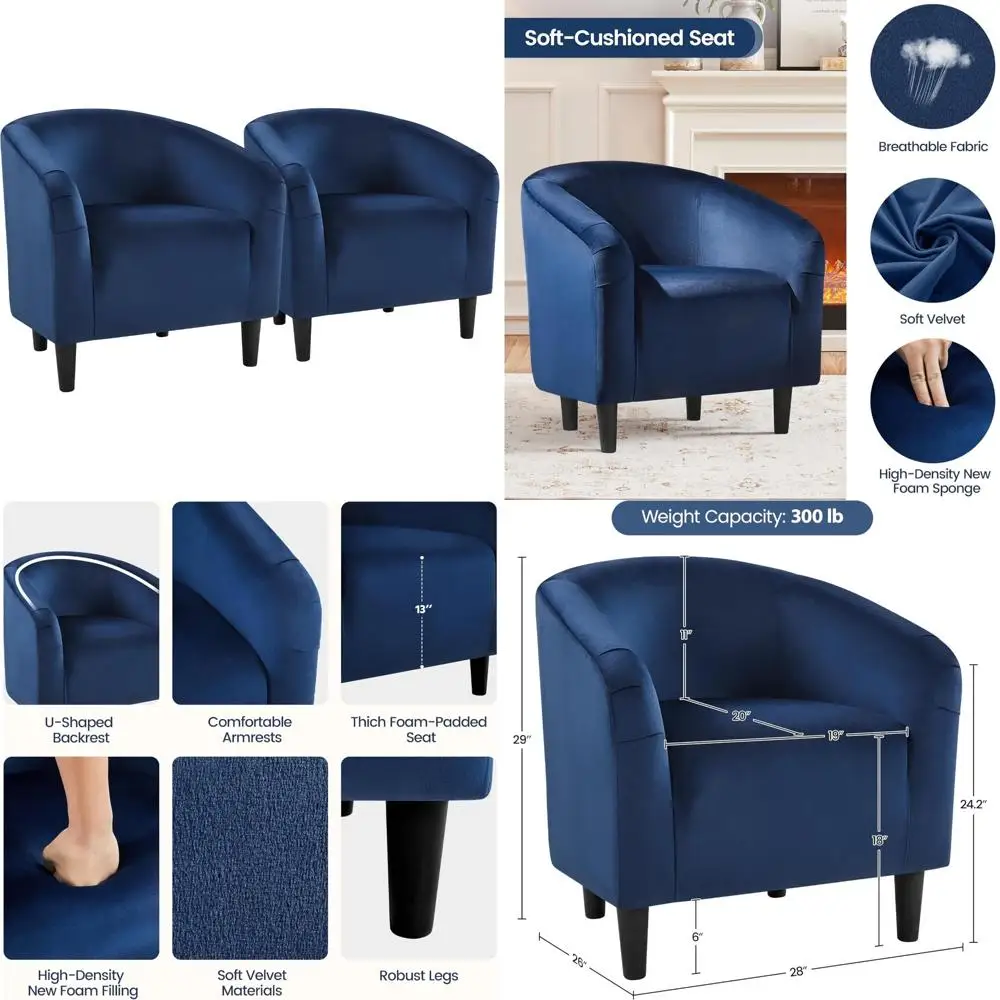 Pair of Modern Velvet Barrel Chairs for Living Room, Soft Padded Seating with Sturdy Legs