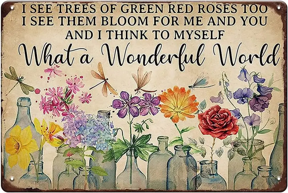 YOYI ART Dragonfly and Flowers Metal Tin Sign, What a Wonderful World I See Trees of Green Red Roses Too, Funny Garden Signs Wal