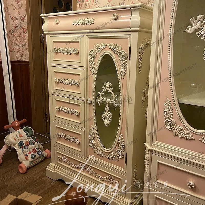 XX  French Retro Old Solid Wood Carving Flower Double Door Wardrobe Villa Decorative Locker