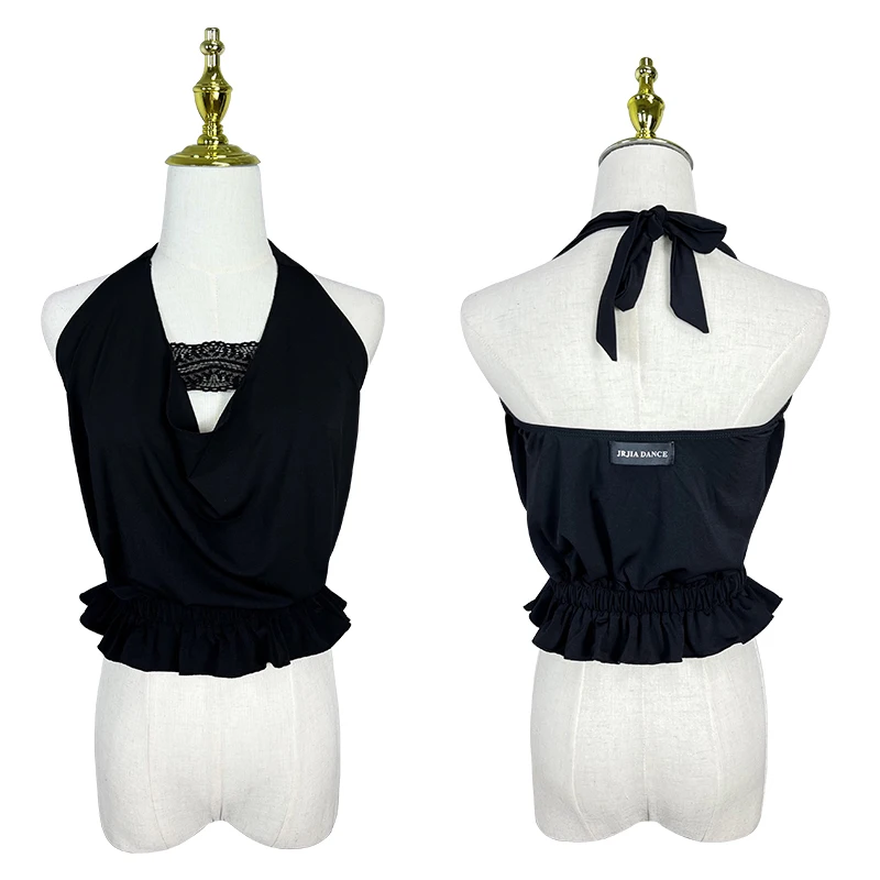 

Black Lace Halter Neck Tops Women Latin Dance Clothes Sexy V Neck Short Blouse Rumba Cha Cha Modern Dance Practice Wear DNV18594
