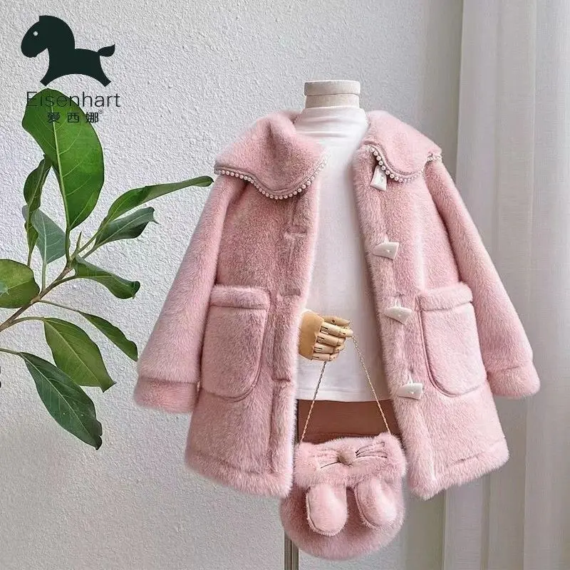 Girls Jacket Autumn Winter Warm Faux Fur Coat for Girls Christmas Princess Outwear Cute Plush Children Clothing Coat+bag 2pc Set