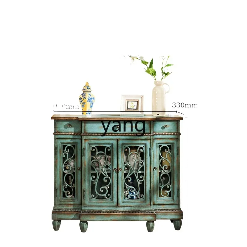 

Yjq American retro entrance cabinet solid wood dining edge old storage tea hollow foyer cabinet multi-layer storage