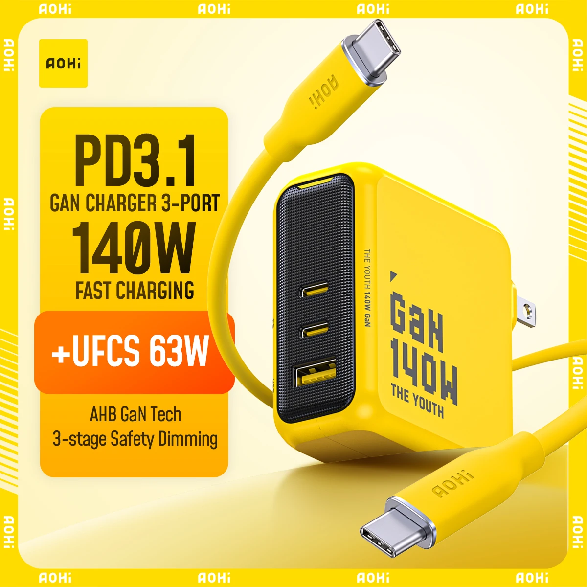 AOHI Youth 140W GaN充電器 PD3.1 3ポートType C急速充電 Macbook Pro ノートパソコン用USB急速充電器 iPhone タブレット対応