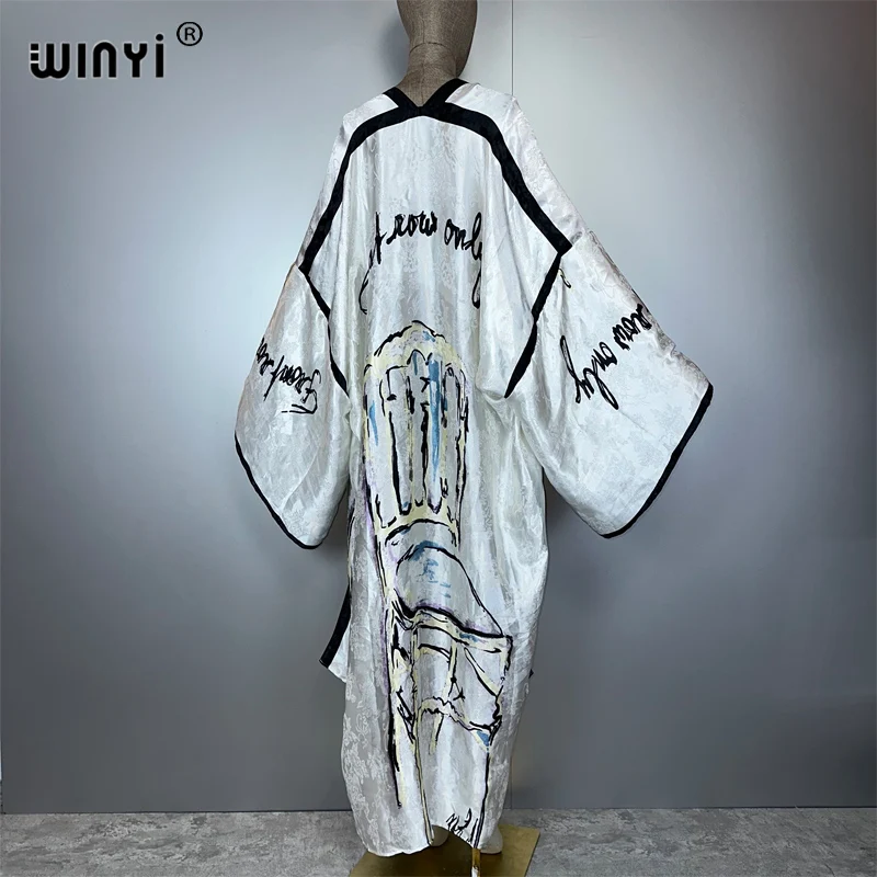 WINYI 아프리카 보헤미안 프린트 기모노 롱 드레스 여성용 가디건 비치 의상 카프탄 비치 커버업 파티 드레스 섹시 맥시 코트