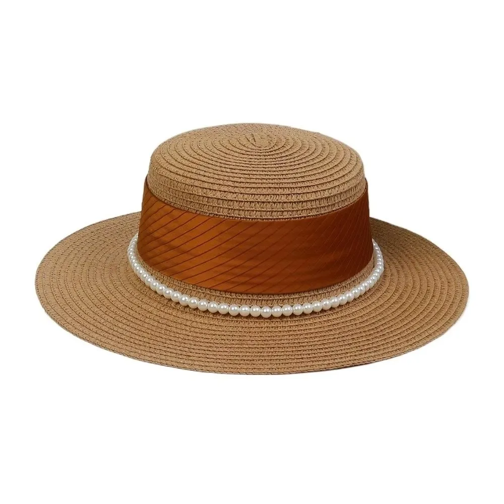 French Hepburn Style Straw Hat Straw Weaving UV Protection Flat Sun Hat Breathable Solid Color Pearl Chain Hat Travel Accessory